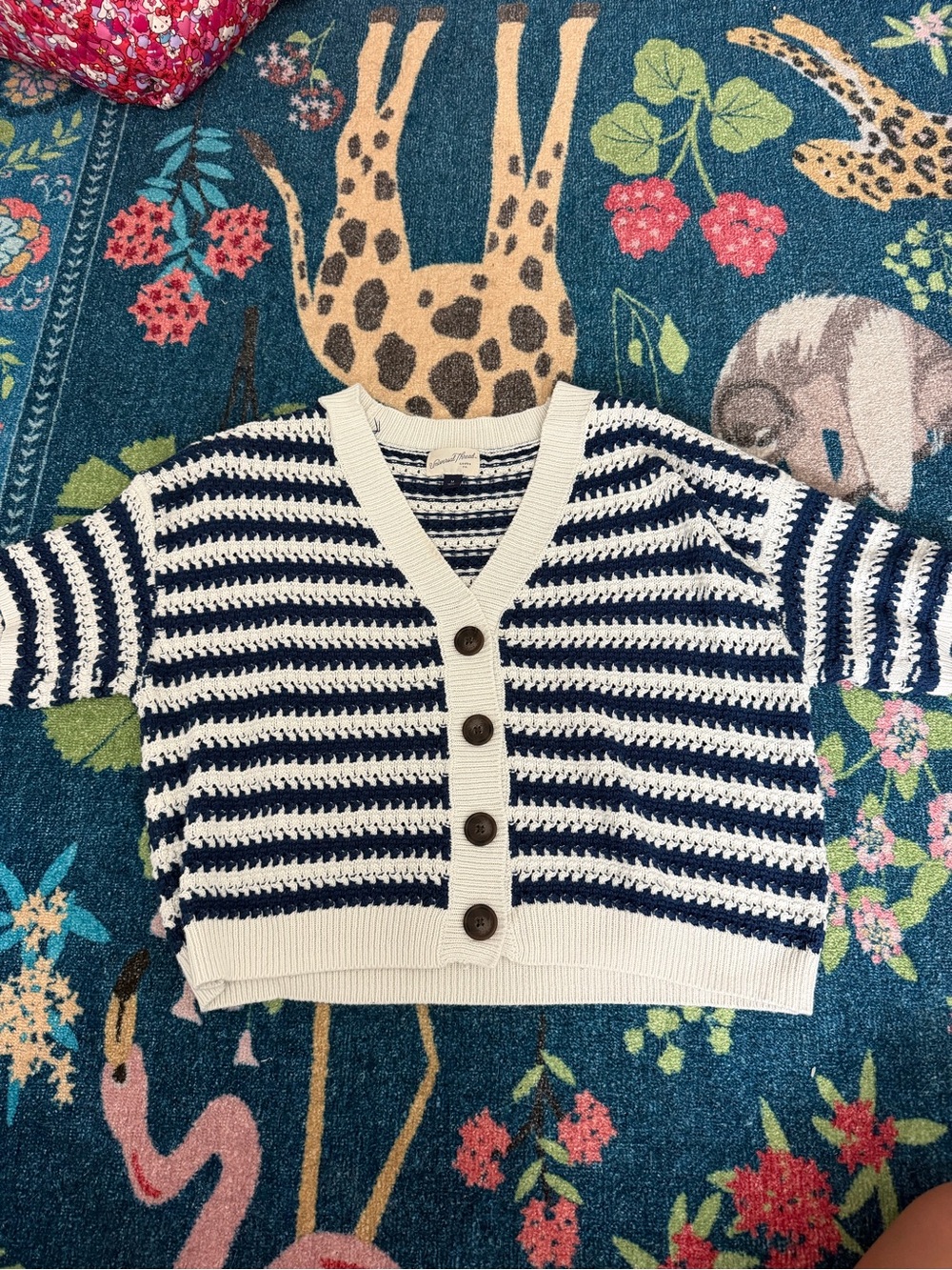 Universal Thread Navy & White Striped Short Sleeve Crochet Button-Front Cardigan